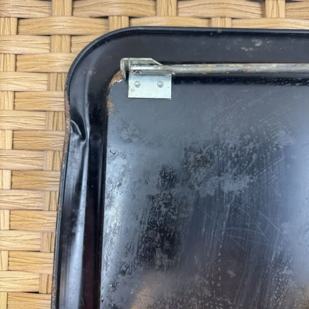 Vintage Floral Painted Metal Serving Tray, Black Rectangle w/ Handles 18x12